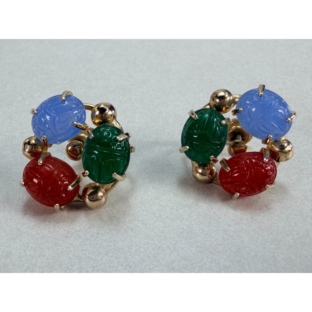 Vintage Scarab Glass Cabochon Earrings Red Green Blue Gold Tone Screw Back
